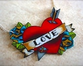 customizable cupids lover tattoo blood red heart with bright blue roses necklace