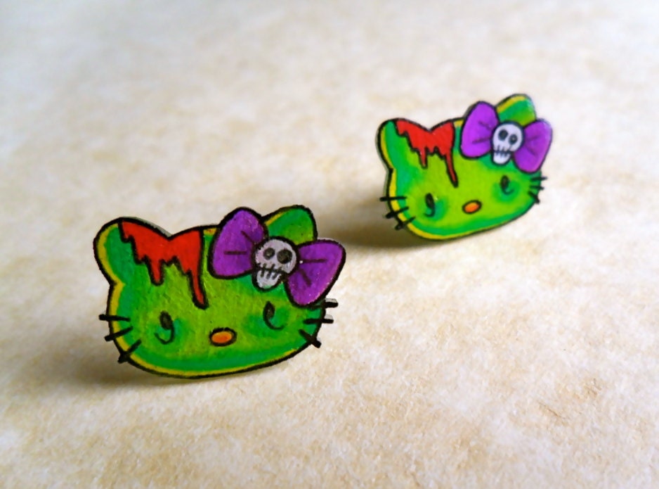 braaaains zombie style hello kitty big skull earring studs