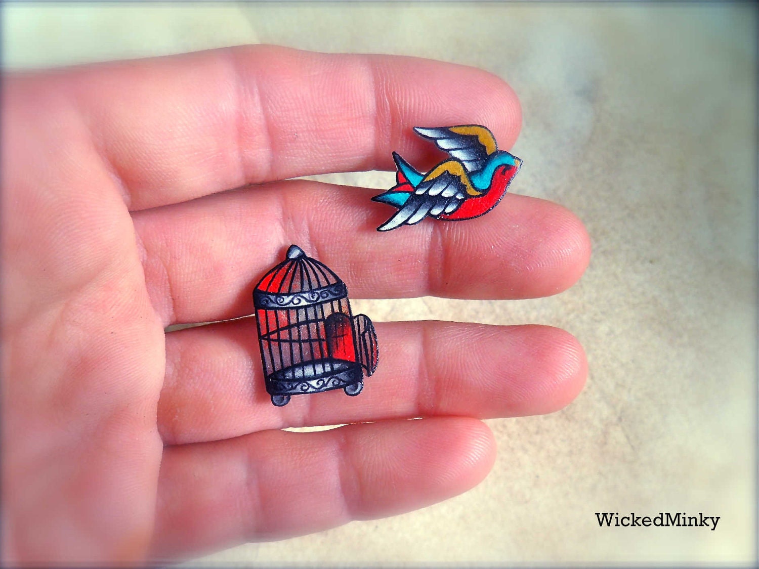 Vintage Americana Tattoo Style Birdcage With Separate Flying Sparrow Post Earrings Studs Big Fun Free Spirit