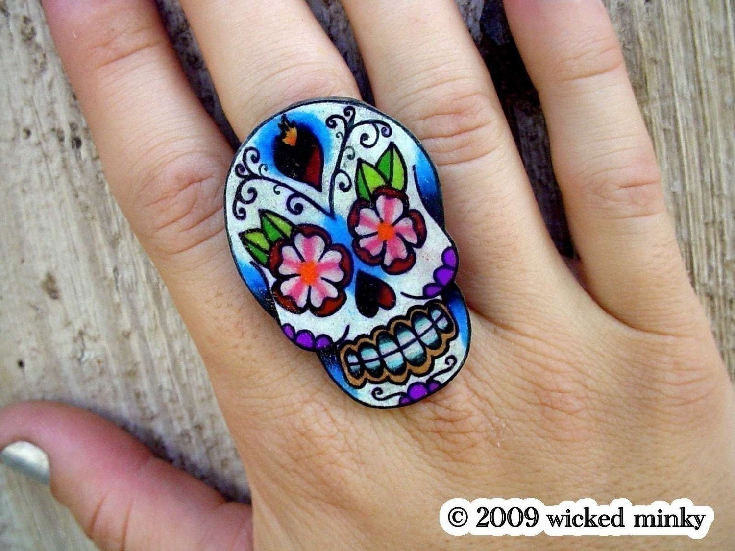 sugar skull with sacred heart and flowers tattoo ring (dia de los muertos calavera)