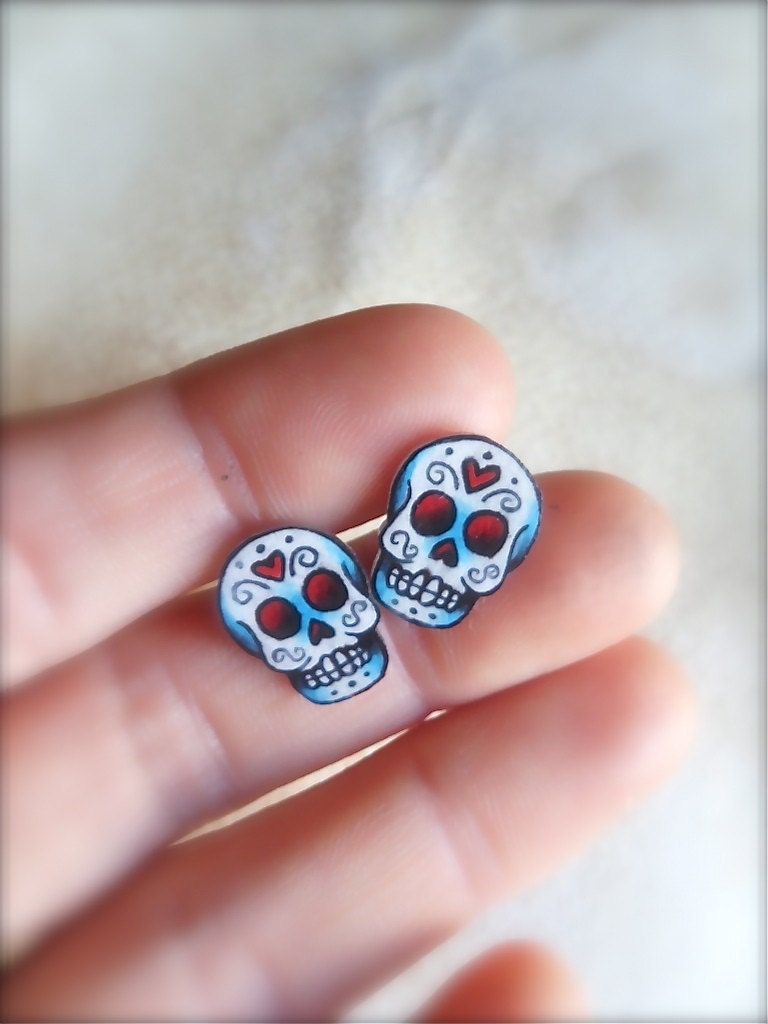 tattoo style day of the dead mini sugar skull post earrings (studs)