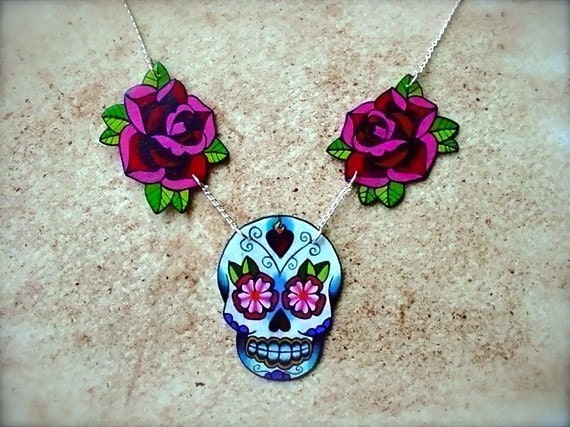sugar skull and rose tattoo necklace day of the dead (dia de los muertos calavera)