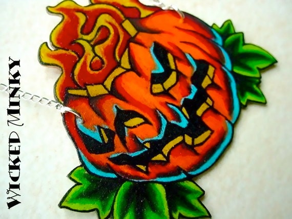 halloween new skool tattoo style jackolantern pumpkin necklace