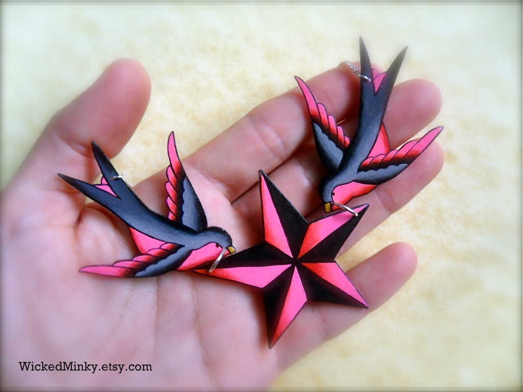 Sparrow star nautical necklace tattoo inspired hot bright pink and grey sparrows holding nautical star necklace