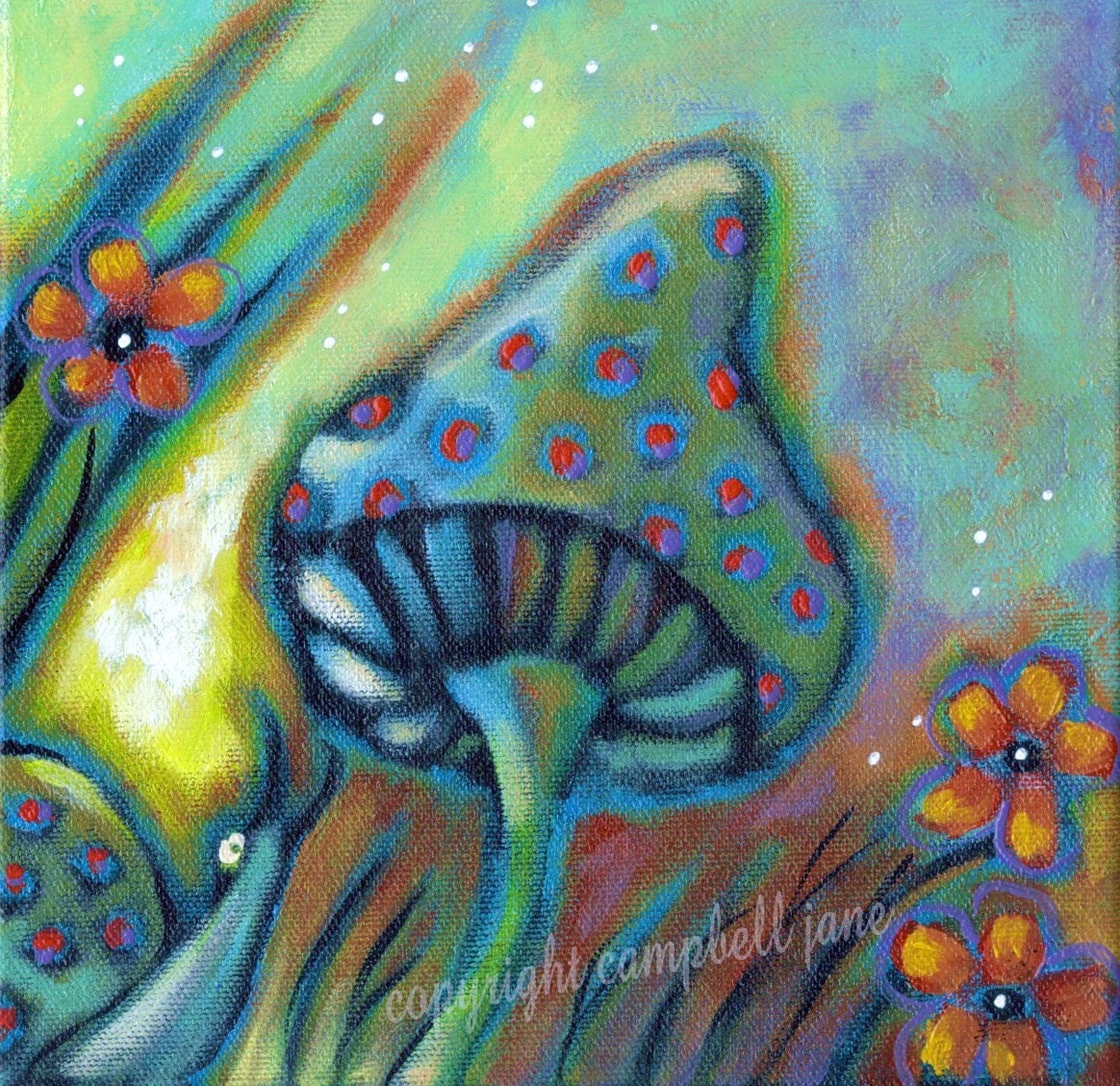 Love at First Sight Original Painting 8 x 8 x 1.5 Whimsical Landscape Snail Mushroom Flowers