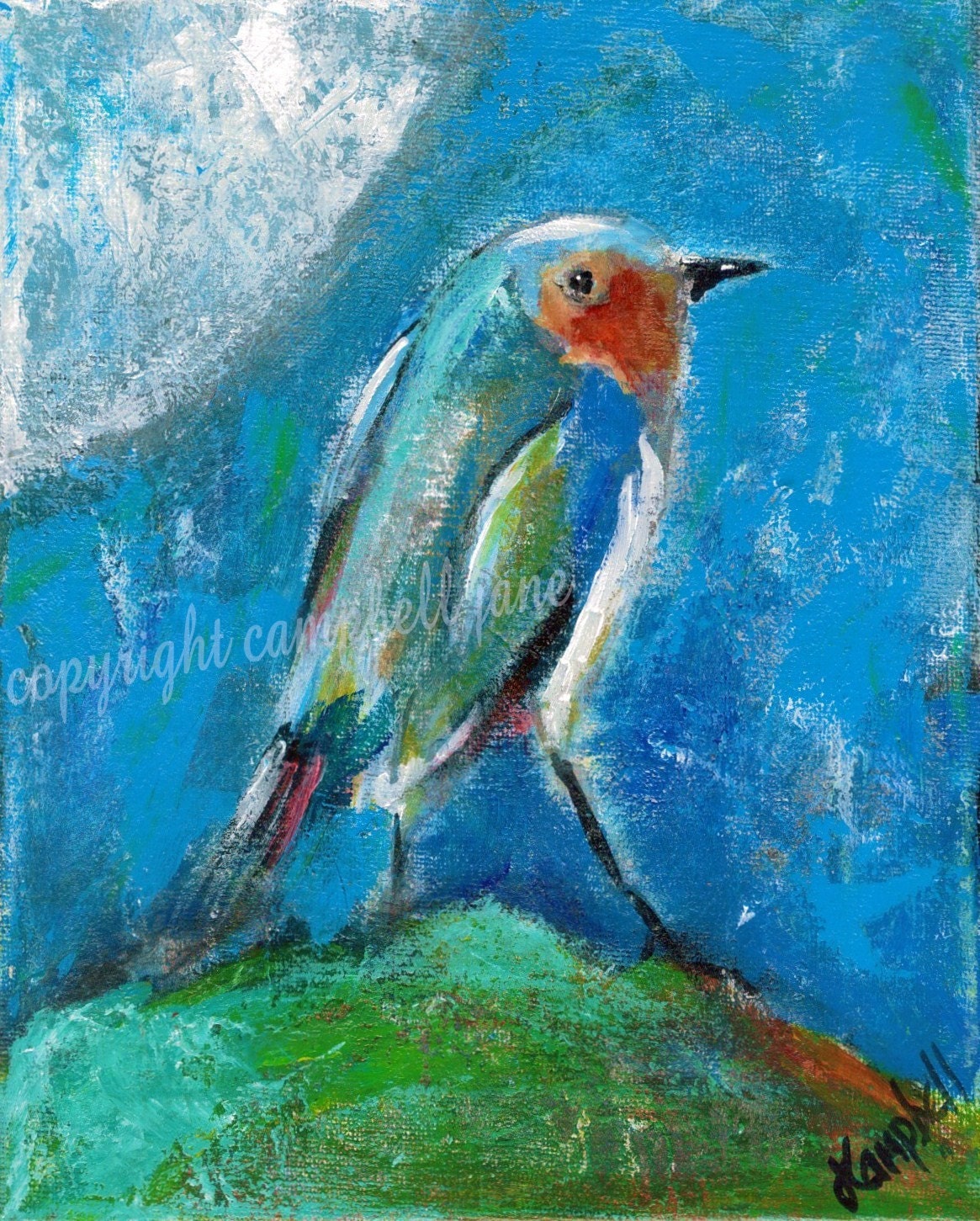 Dreamy Original Bird Robin Big Blue Moon One of a Kind Painting