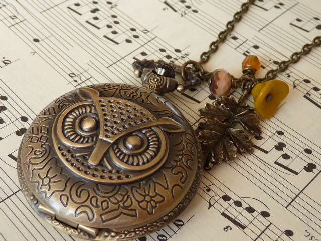 The Oak and Owl pocket watch necklace with oak leaf and beads