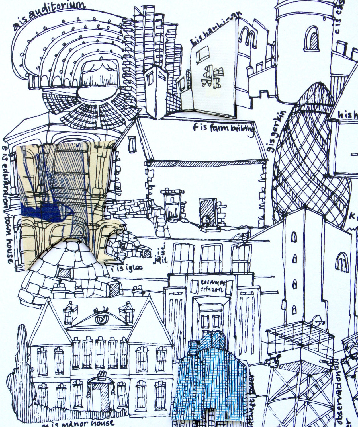 Limited Edition Screen Print A is Auditorium, (hand finished with up-cycled paper.)