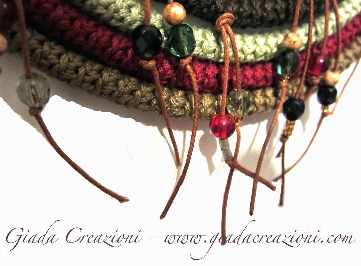 SATINKA Ethnic Tribal Country Collar Necklace Cotton yarn Crochet Beads Crystals Wooden Button Native American