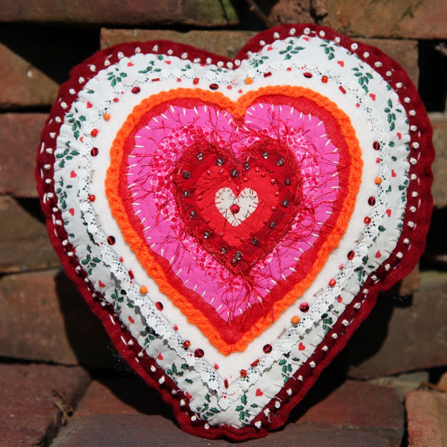 Red Heart Pillow Embroidered Fiber Art Free Shipping in the US