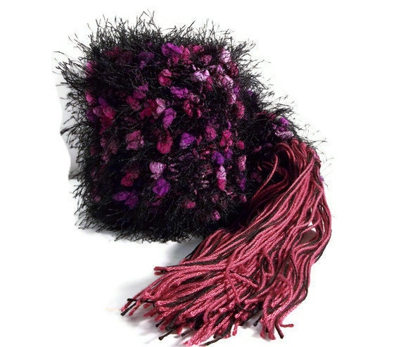 Hand Knit Scarf Black and Magenta