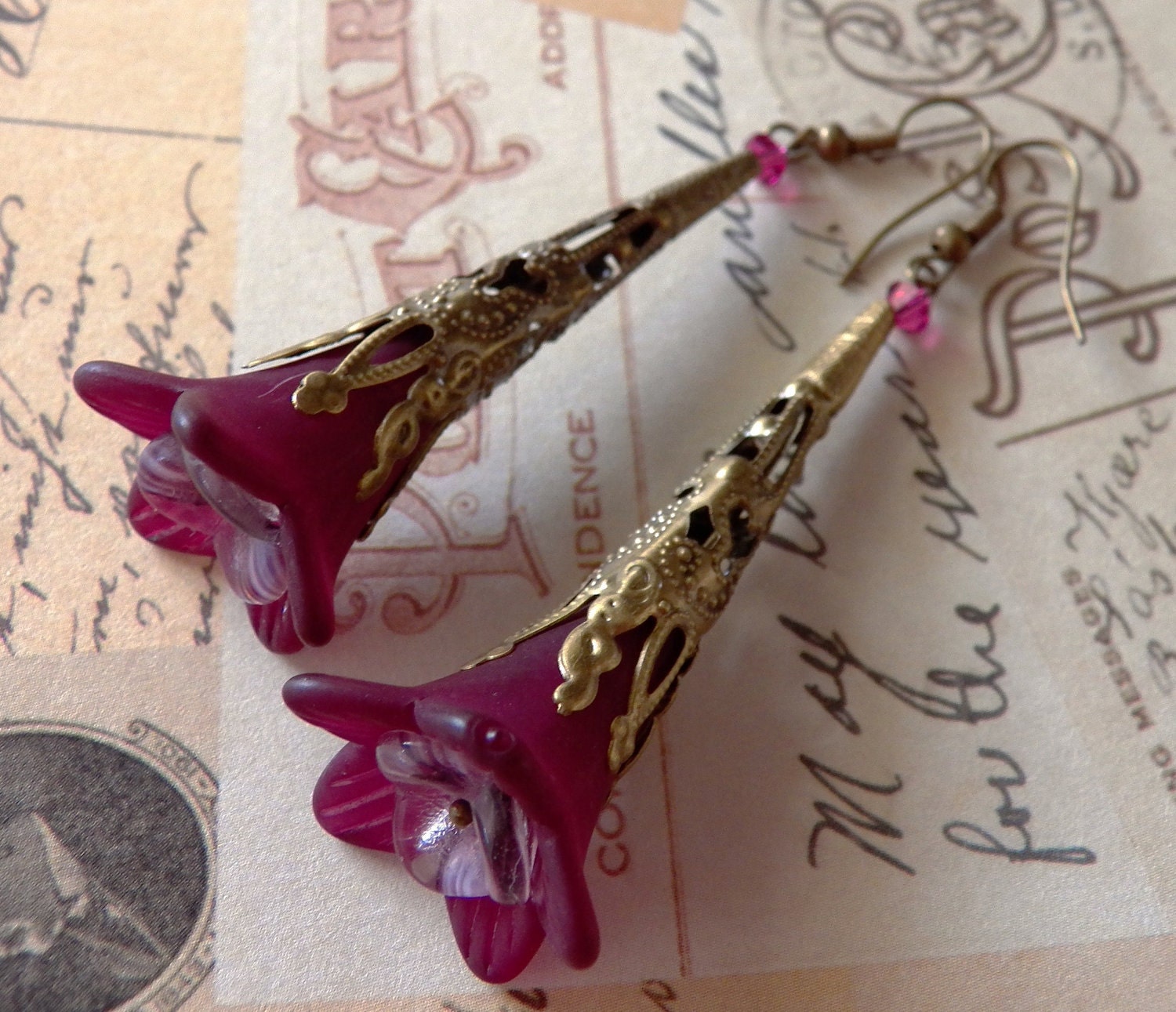 Mulberry Frosted Trumpet Lily Earrings, Floral Dangle Earrings, Gift for hER for under 20