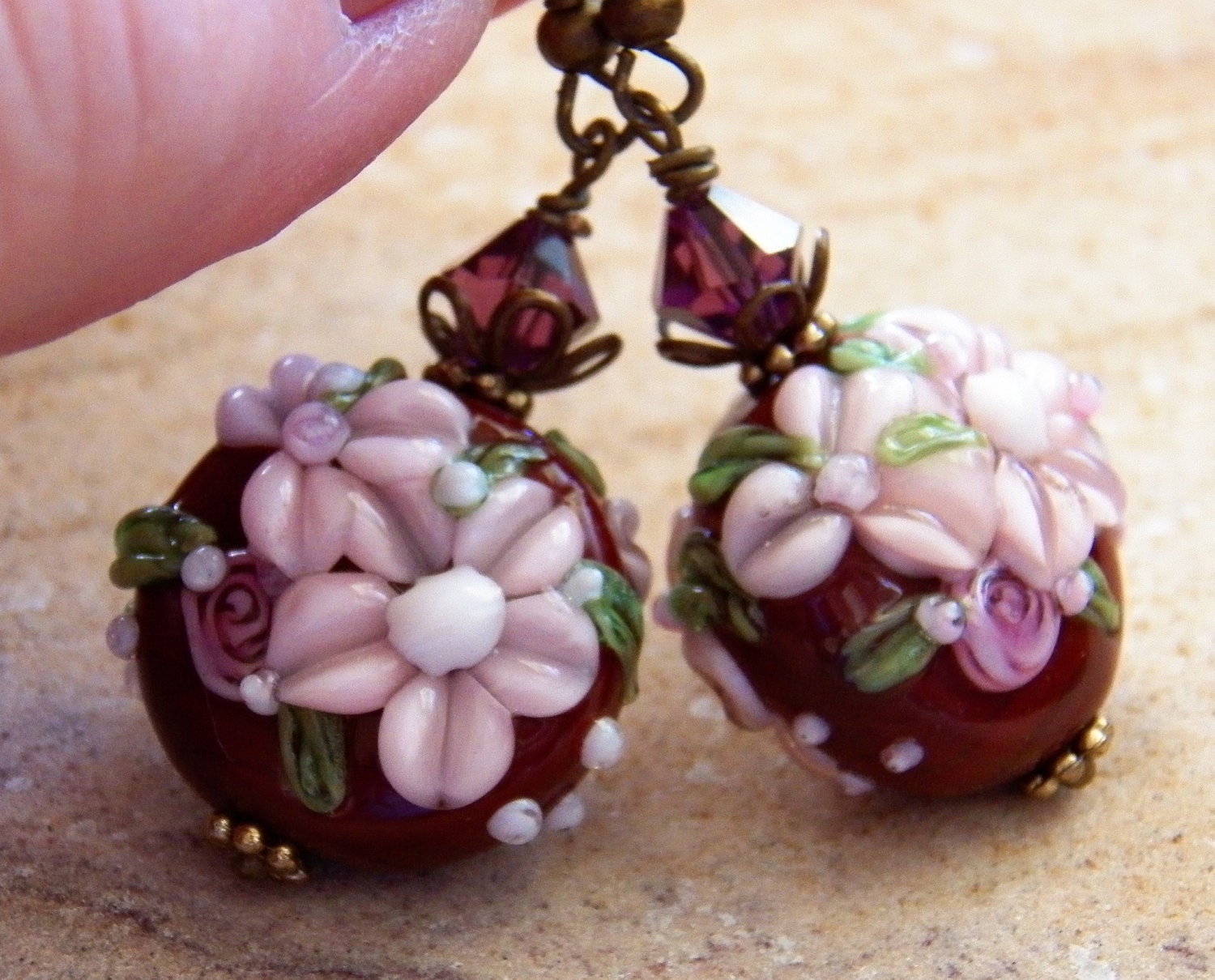 Chocolate and Cranberry Victorian Style Floral Lampwork Earrings..Pink Floral Earrings TREASURY LIST