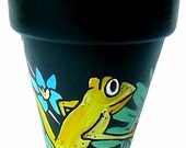 Little Green Frog at Night -  6" Original Hand Painted Flower Pot