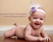 Purple Satin Ribbon Rosette headband with feather and crystals-Newborn to adult sizes-Made to order