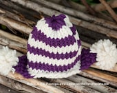 Plum and Cream stripe ear flap pom pom knit hat-Newborn to 12 Month sizes-Photography Prop-Made to Order