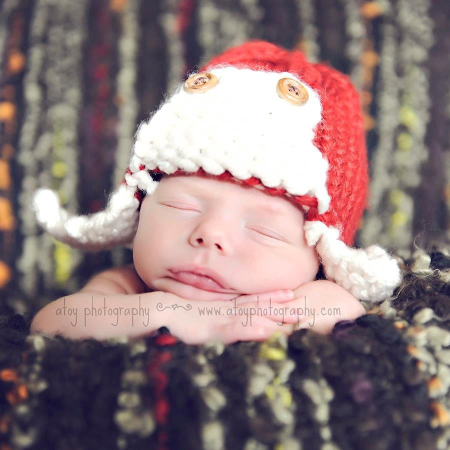 Red Aviator Knit Ear flap Hat with vintage buttons-Newborn-12 month sizes-Photography Prop-Made to order