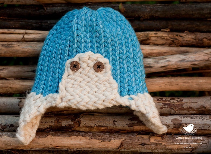 Charlotte Blue/Cream Aviator Knit Ear flap Hat with vintage buttons-Newborn-12 month sizes-Photography Prop-Made to order