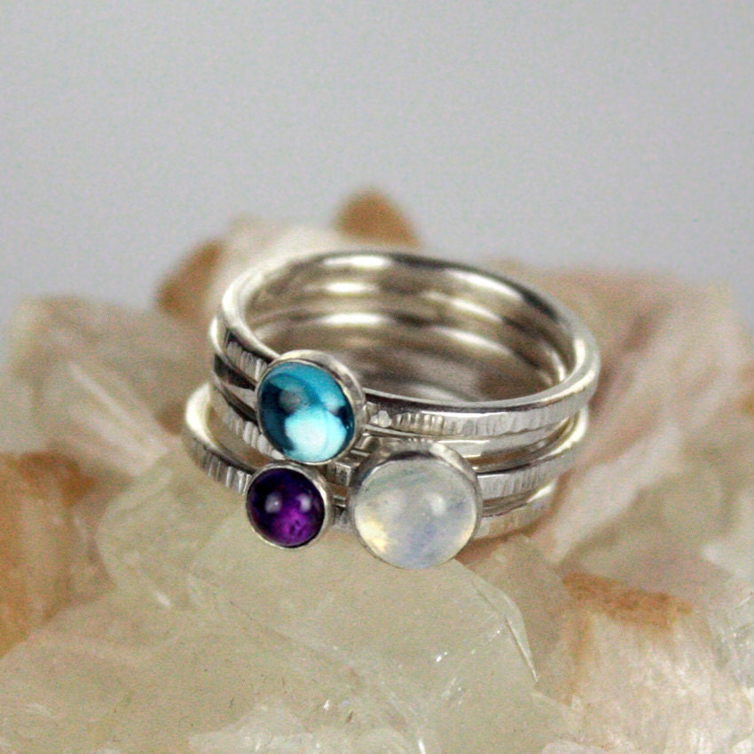 Stacking Silver and Gemstone Rings, Set of 5 - Rainbow Moonstone, Swiss Blue Topaz and Amethyst - FREE Shipping