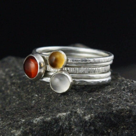 Amber Gold White Stacking Silver Rings, Set of 5 - Amber, Citrine and Moonstone