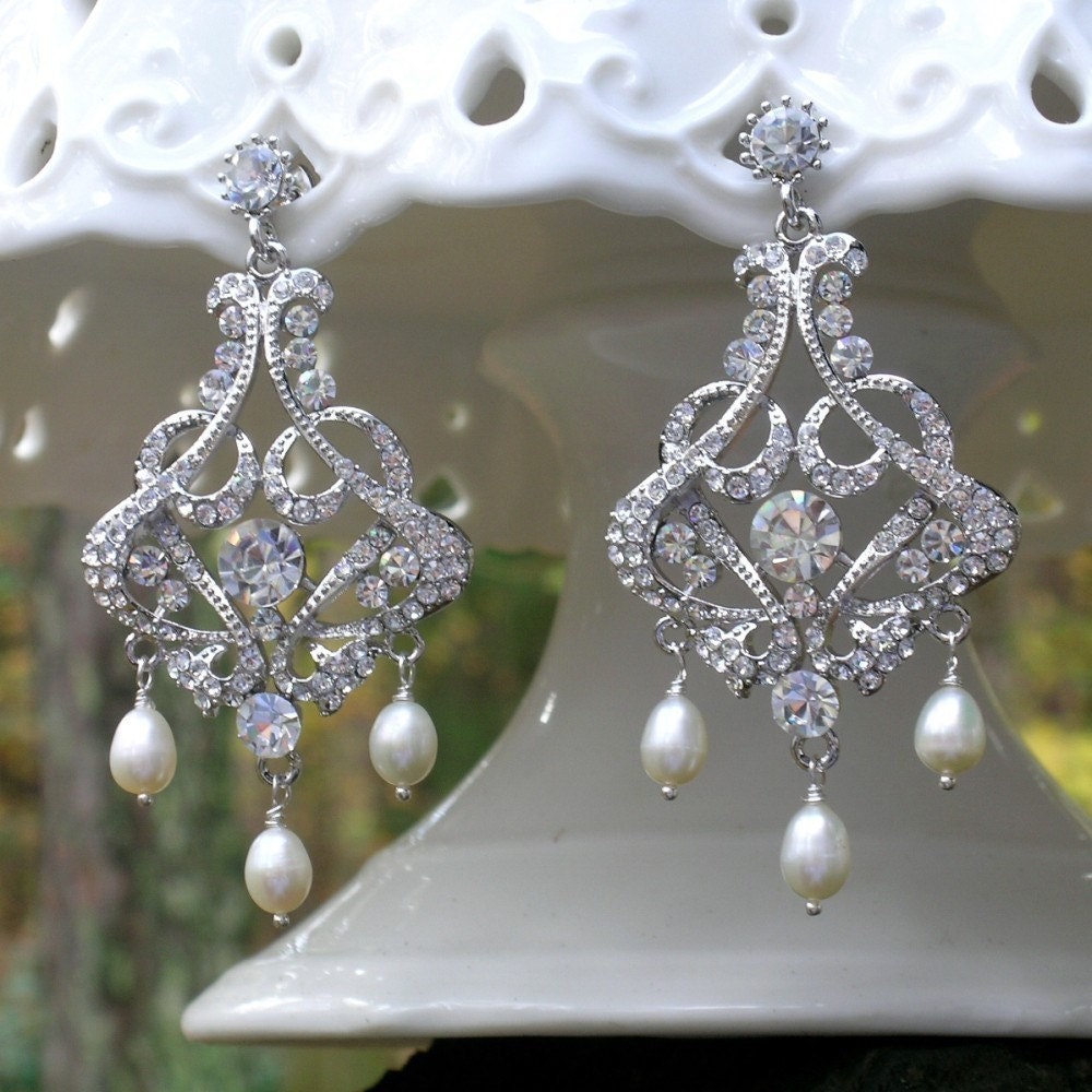 Swarovski Crystal Rhinestone and High Luster Freshwater Pearl Chandelier Earrings