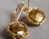 Gold Pyrite Earrings, Crochet Gold Wire