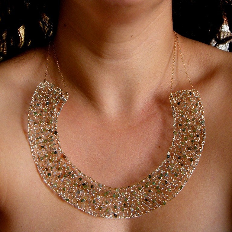 SALE 20%0FF - Green Tourmaline Gold Necklace, Crochet Gold Wire, Statement Necklace, Bib Necklace