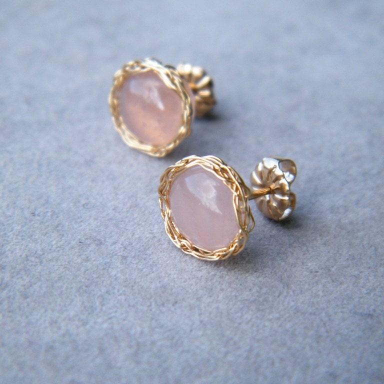 Rose Quartz Earrings, Post Earrings With Crochet Gold Wire