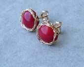 Coral Gold Earrings, Gold Post Earrings, Crochet Wire Earrings, Gemstone Post Earrings