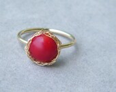 Red Coral Ring, Gold Gemstone Ring, Crochet Gold Wire, Wire Crochet Ring, Size 5.5, 8