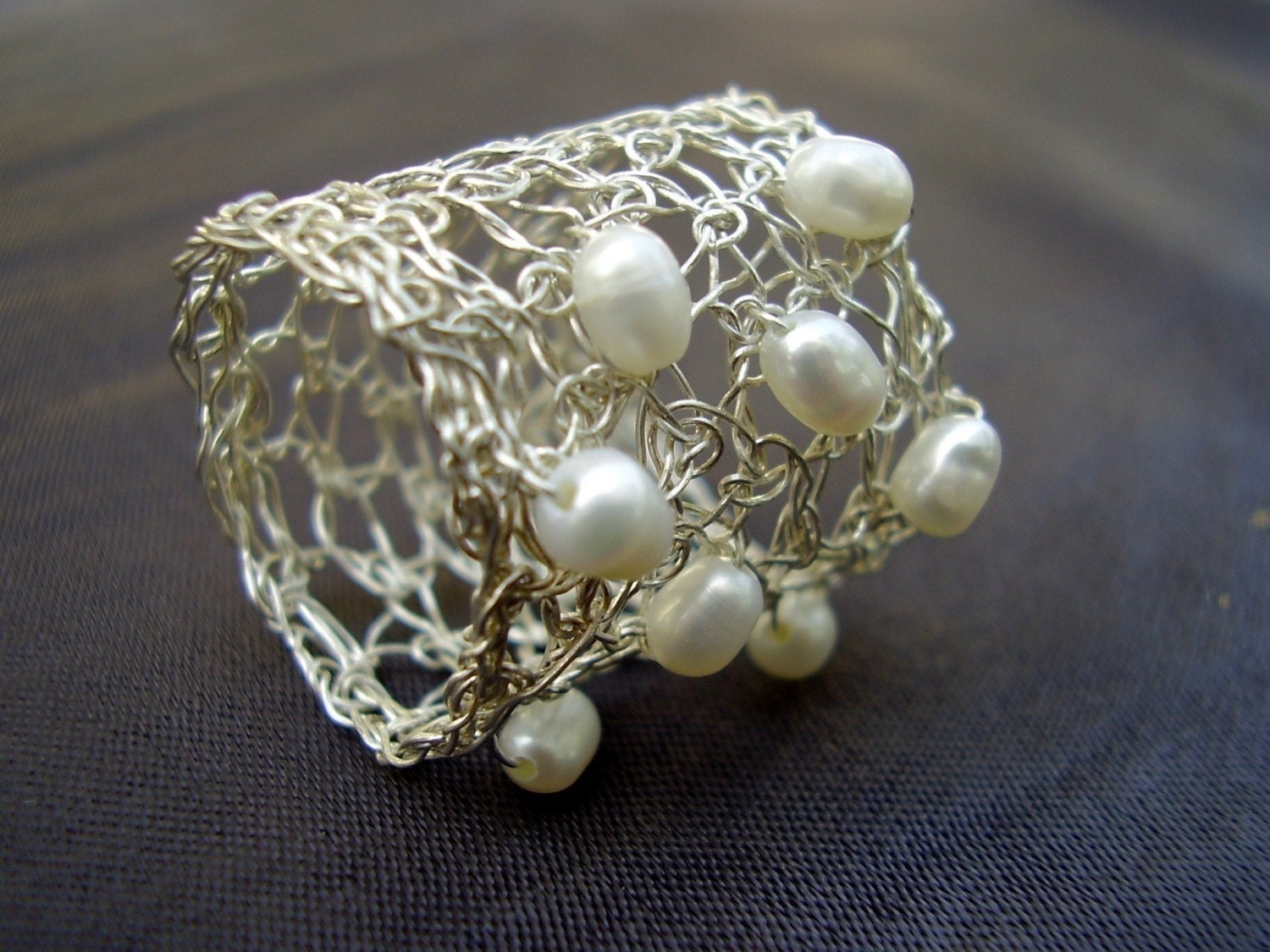 Spread Ring, Crochet Sterling Silver Wire and Pearls