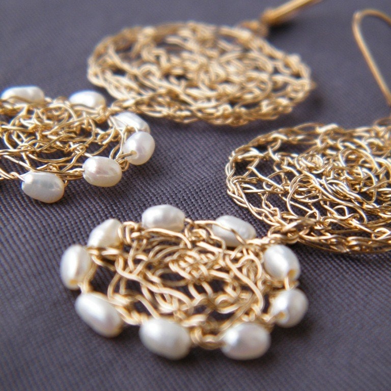 Lace Earrings, Crochet Gold Filled Wire and Pearls
