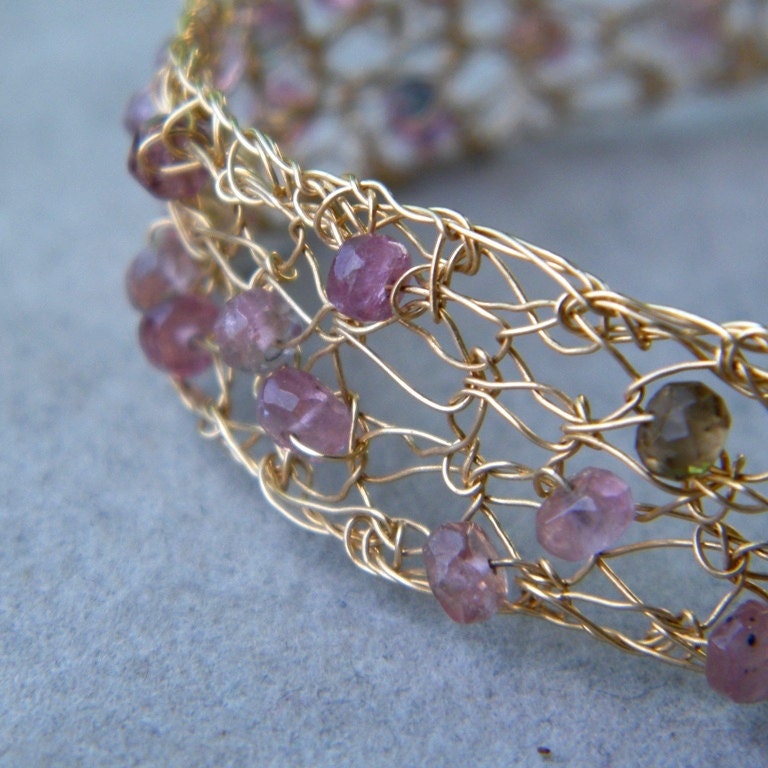 SALE 20% OFF - Pink Tourmaline Bracelet, Crochet Gold Wire, OOAK