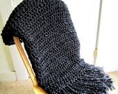 Throw Blanket Crocheted with Fringe-  Black Blanket, Handmade Afghan, Home Decor, Bedroom, Black Interior Palate- Made To Order