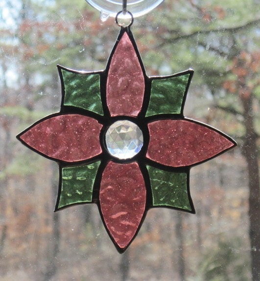 Stained Glass Suncatcher, Star Flower in Cranberry, Sage Green, Clear Jewel