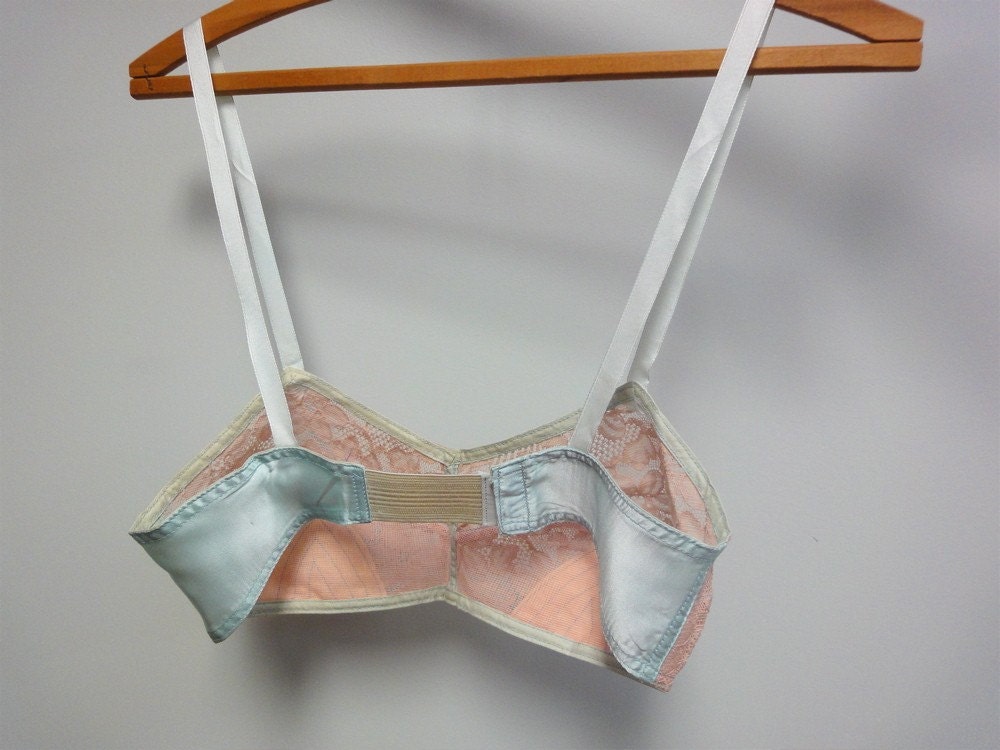 Antique 1930s Lace Bra, Tap Pant Set, Silk Satin, Knickers, Sky Blue, Rose Beige Lace, Bias Cut, Beautiful