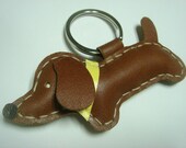 Copper the dachshund Leather Keychain ( Dark Brown / Yellow Collar )