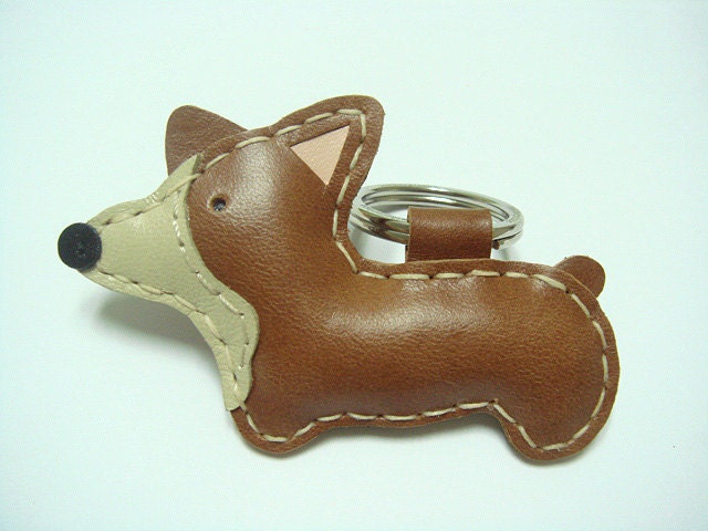 Leather Keychain Nana the Corgi Dog leather charm ( Brown )