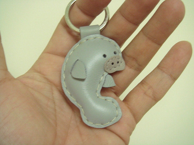 Leather Keychain - Layla the Manatee leather charm ( Grey )
