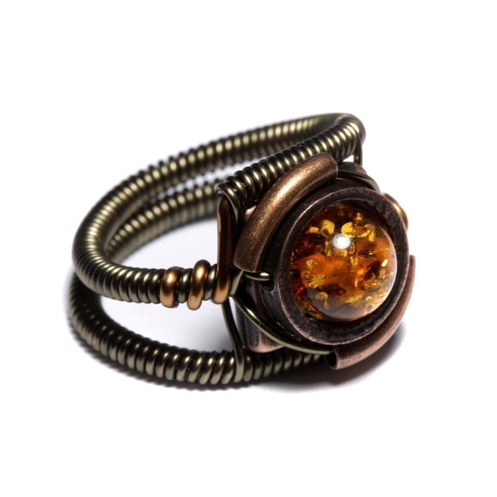 Steampunk Jewelry - Ring - Copper Amber (Custom size available - see description)