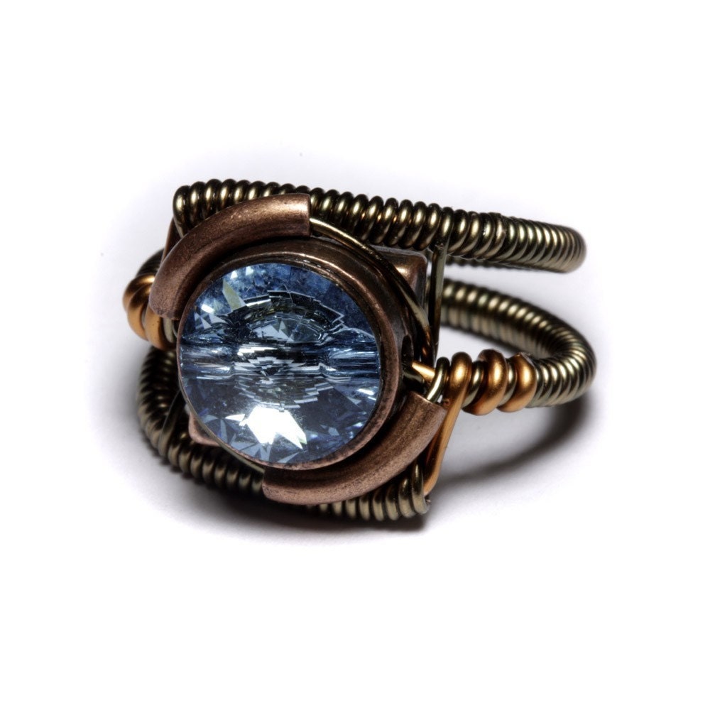 Steampunk Ring - Aquamarine Blue Swarovski Crystal (Custom size available - see description)