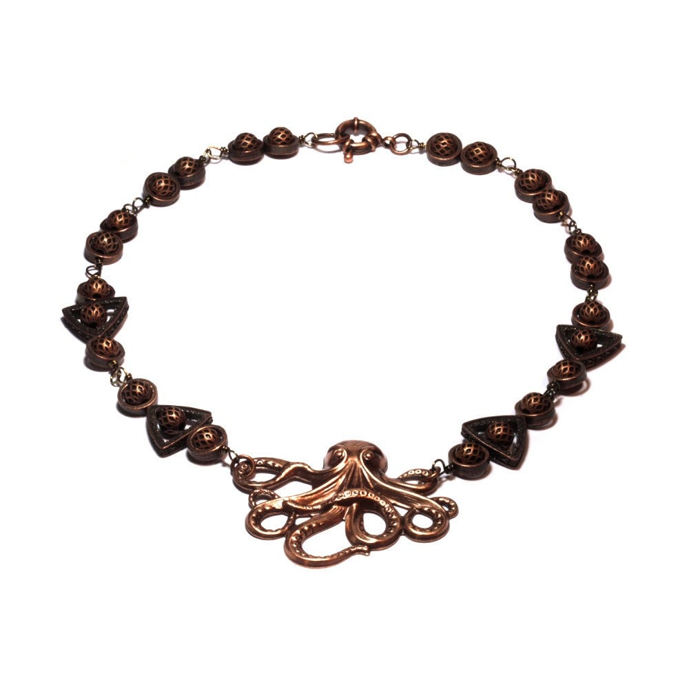 Steampunk Jewelry - Necklace - Copper Tone Octopus - Designs Exclusively by CatherinetteRings