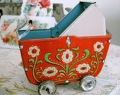 German Miniature Tin Litho Baby Doll Carriage Pram Buggy Stroller Toy