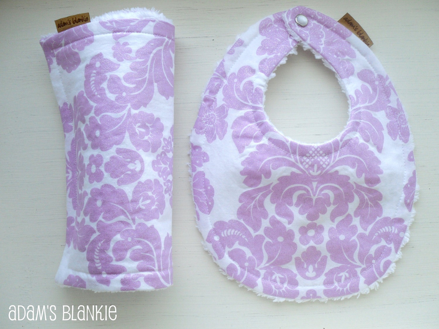 Delovely Damask in Violet Purple with Glamourous Glitter - Bib and Burp Cloth with Chenille and Pearl Snap