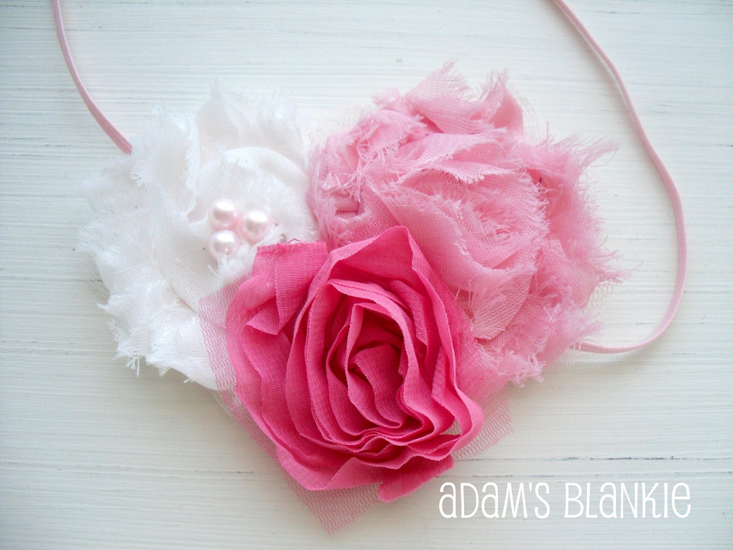 Blushing Pink and White Shabby Chic Rosettes Tulle Pearls on Skinny Stretch Headband - Baby Infant Newborn Girls Adults