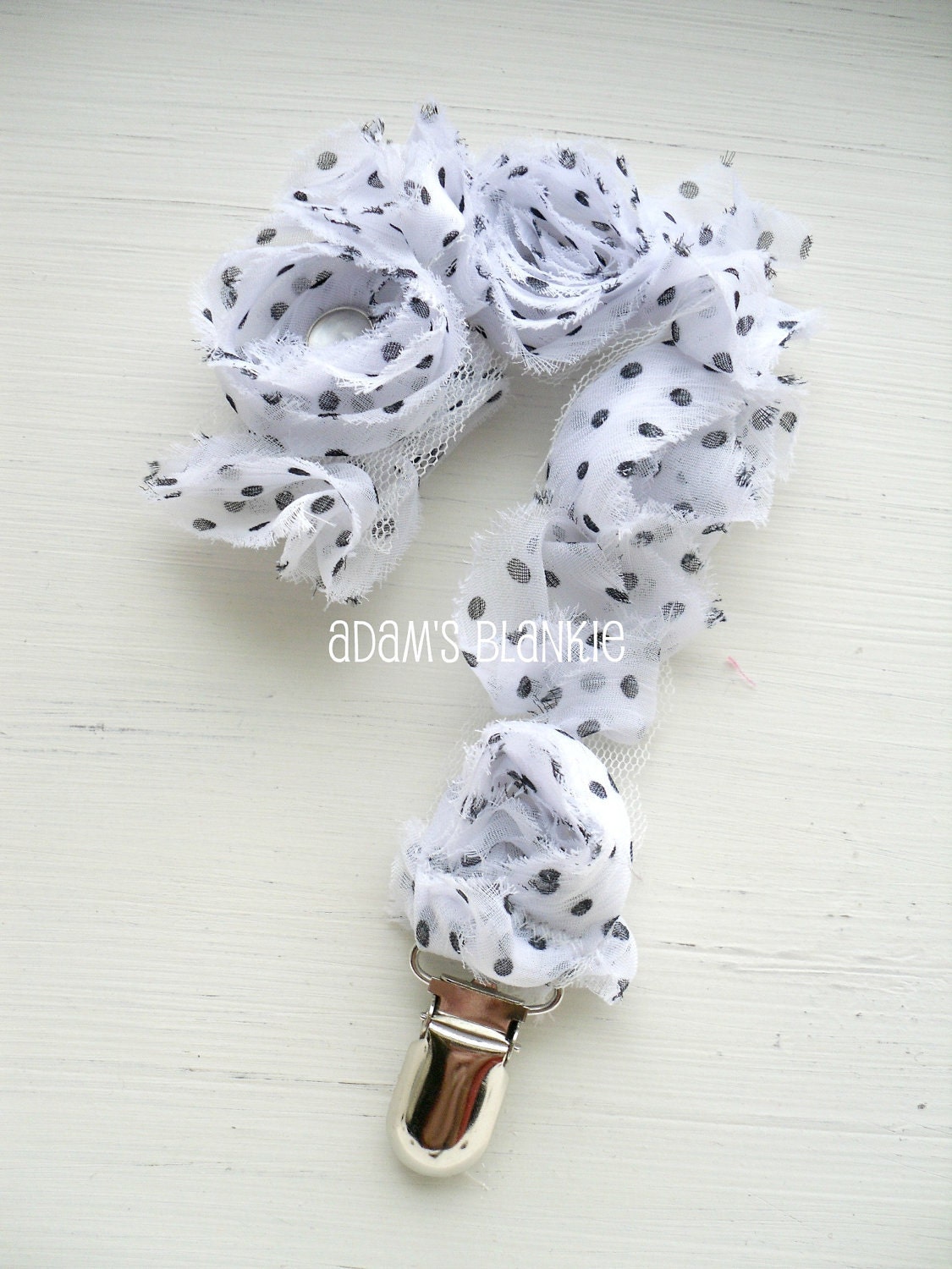 Gorgeous Shabby Chic Rosettes Baby Girl Pacifier Binkie Clip - Black Polka Dots on White