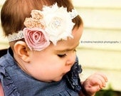 Champagne Supernova - Pink Cream Ivory Rosettes Headband - Lace Rhinestone Bling - Girls Newborns Baby Infant Adults - Photo Prop