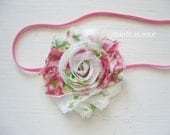Vintage Chic - Shabby Rosette Headband - Hot Pink Green White - Skinny Headband - OR You Choose Colors