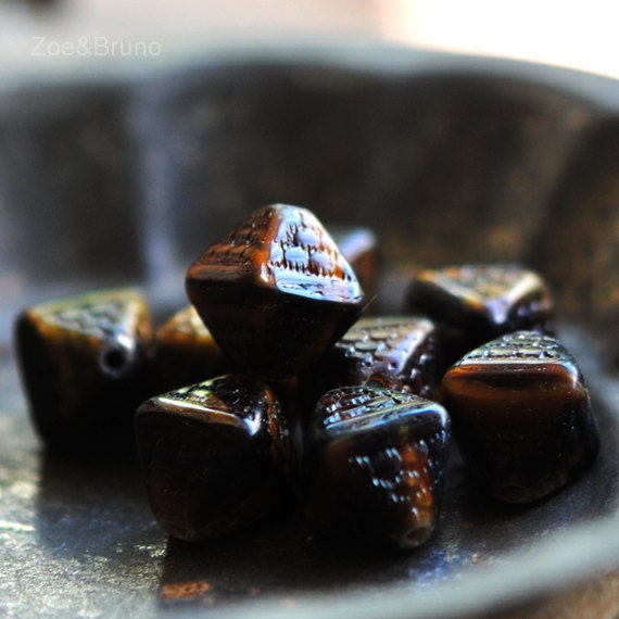 4 Little Tiles - Czech Glass Brown Bi-cone Beads
