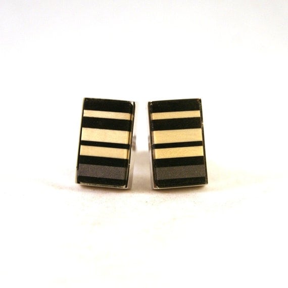 Mens Cuff Links - African Ebony with American Holly Irregular Stripe and M3 Stainless Steel Accent (CL-410)
